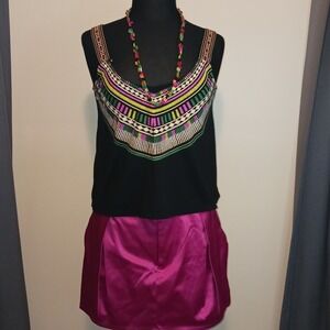 Body Central Embroidered Boho Top M Forever 21 Pink Magenta Satin Mini Skirt L